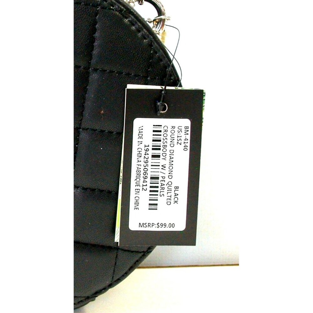 Round Black Quilted Crossbody Bag With Pearl & Chain Accent By BW Paris MSRP $99